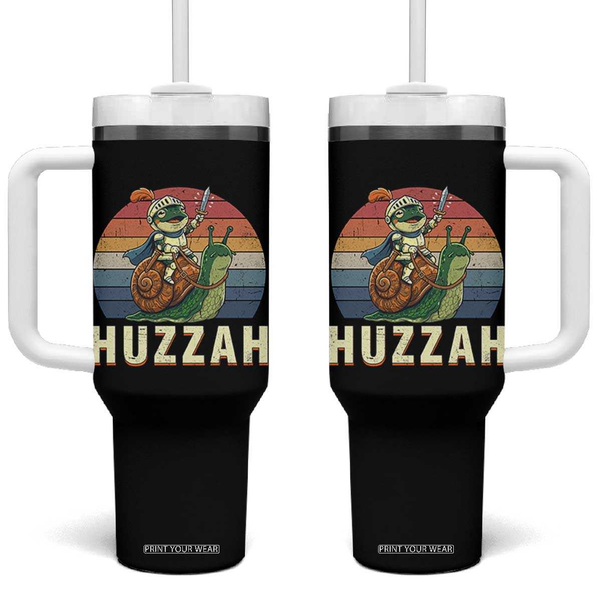 Funny Huzzah Frog Meme Tumbler With Handle Medieval Knight With Sword Graphic TS12 One Size: 40 oz Black Print Your Wear