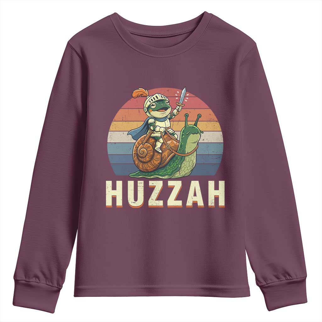 Funny Huzzah Frog Meme Youth Sweatshirt Medieval Knight With Sword Graphic TS12 Maroon Print Your Wear