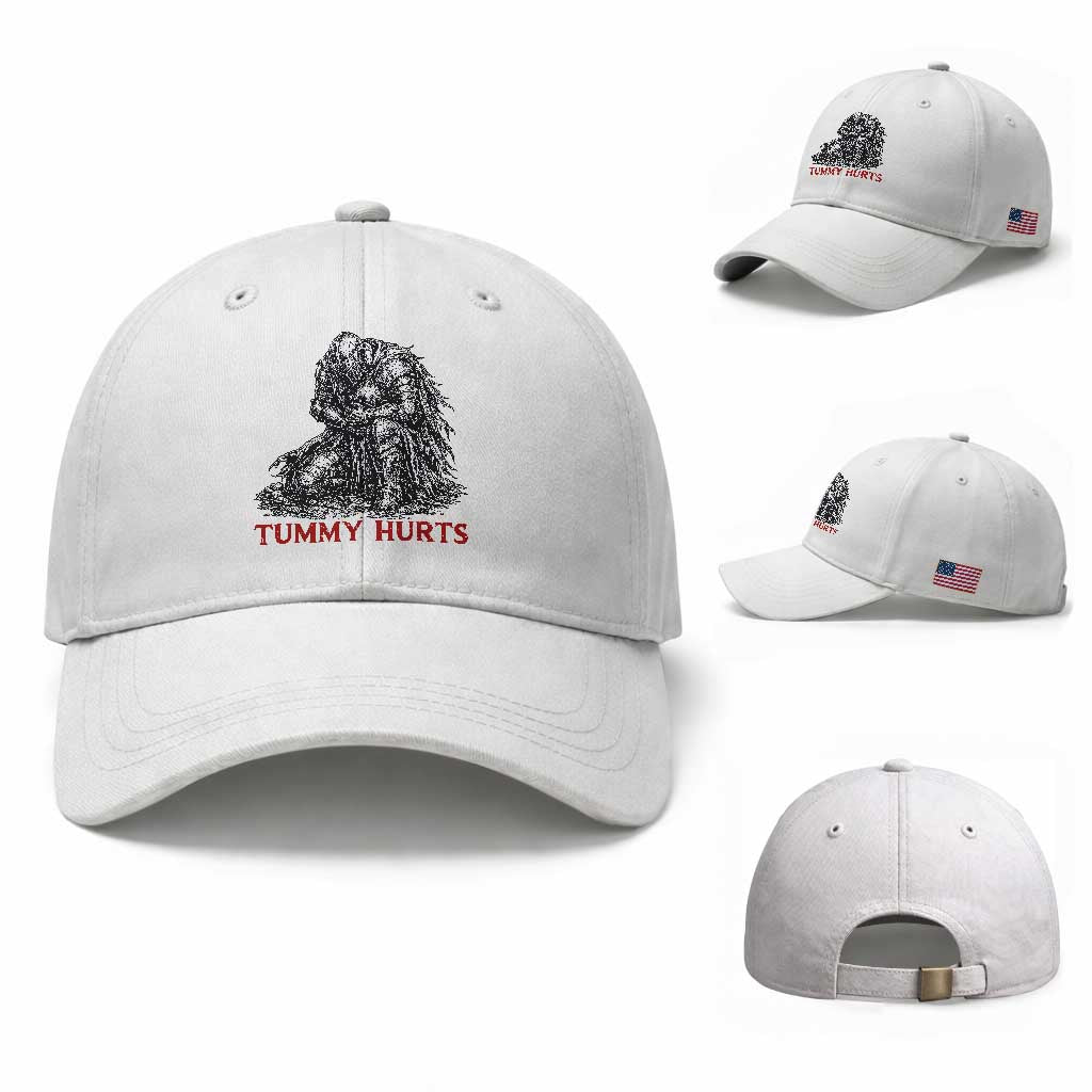 Funny Tummy Hurts Medieval Knight Baseball Cap Dark Fantasy Warrior Meme Graphic TS12 Baseball Cap Universal Fit White Print Your Wear