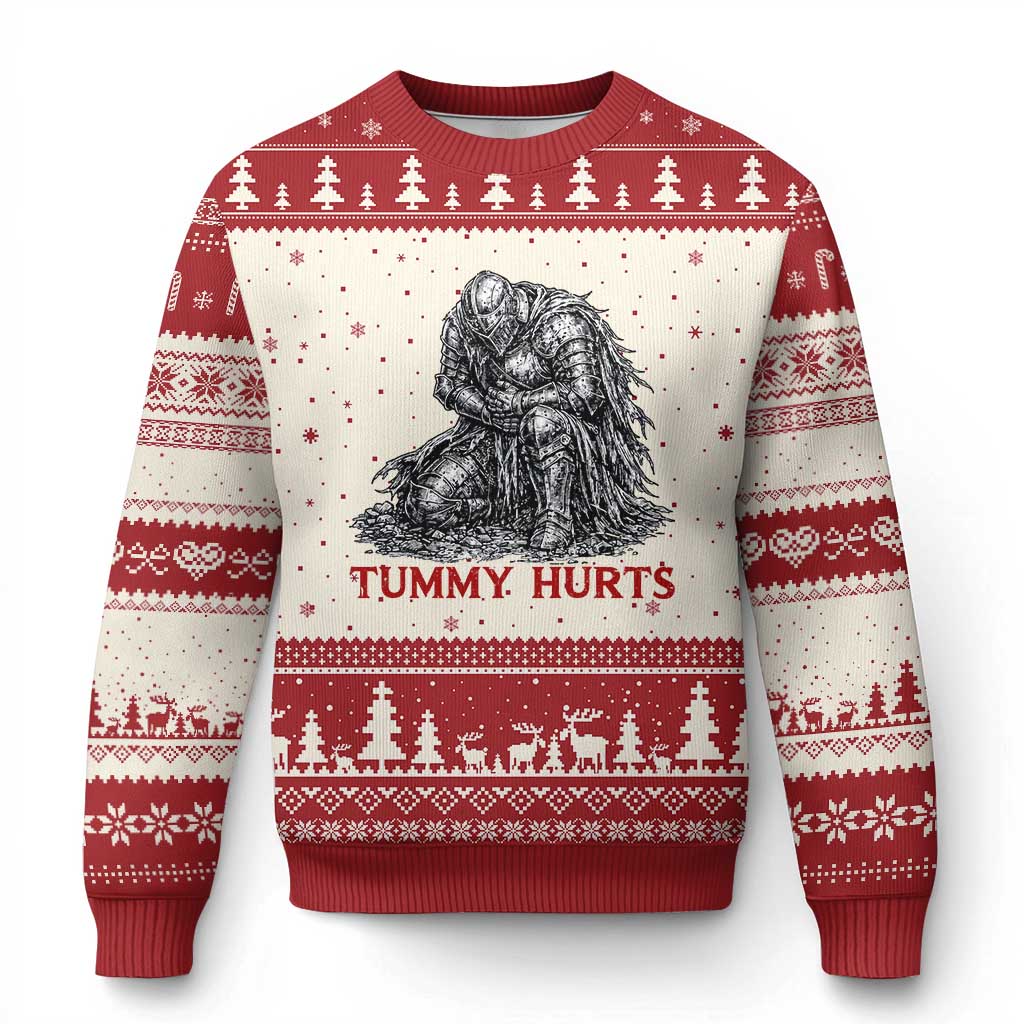 Funny Tummy Hurts Medieval Knight Ugly Christmas Sweater Dark Fantasy Warrior Meme Graphic TS12 Beige Red Print Your Wear