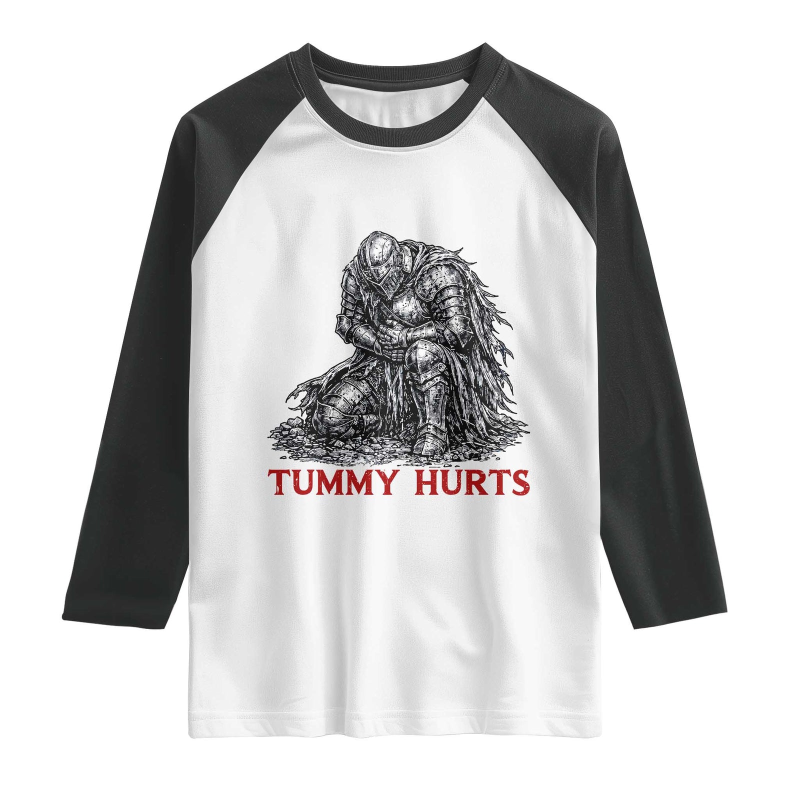 Funny Tummy Hurts Medieval Knight Raglan Shirt Dark Fantasy Warrior Meme Graphic TS12 White Black Print Your Wear
