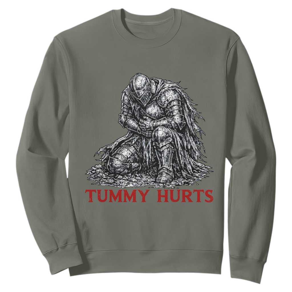 Funny Tummy Hurts Medieval Knight Sweatshirt Dark Fantasy Warrior Meme Graphic TS12 Military Green Print Your Wear