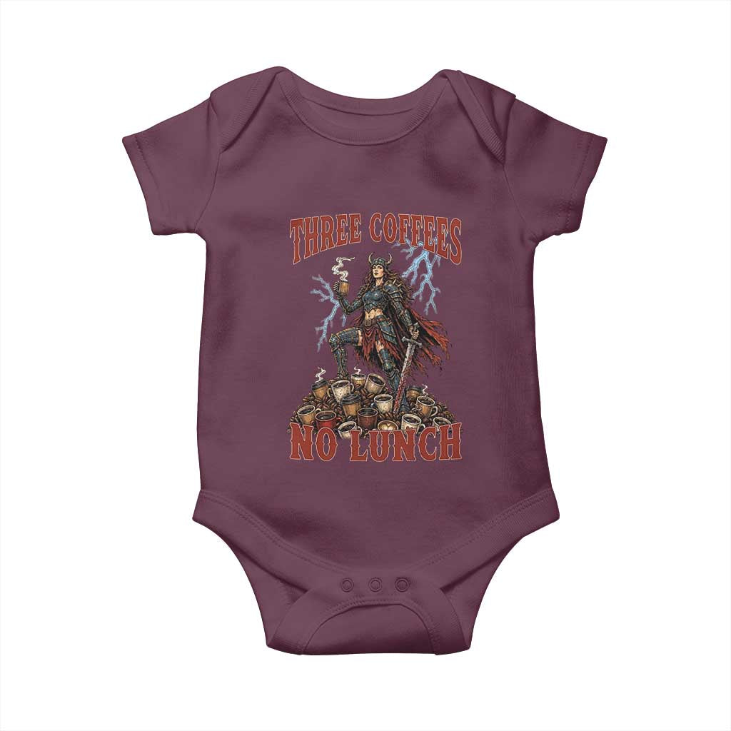 Funny Medieval Knight Worker Meme Baby Onesie Three Coffees No Lunch Valkyrie Coffee Lover TS12 Maroon Print Your Wear