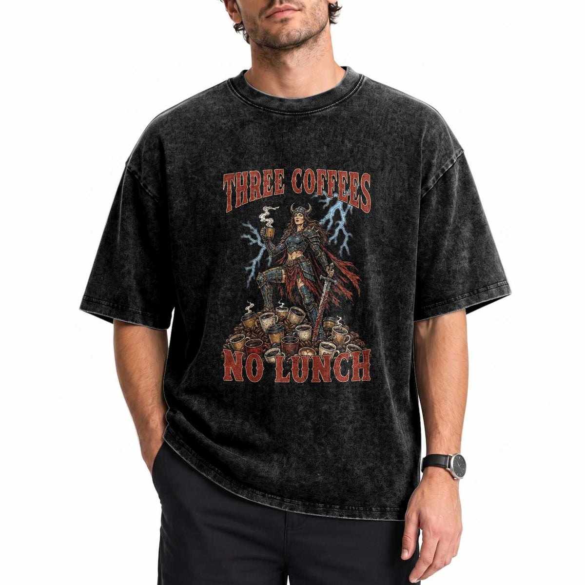 Funny Medieval Knight Worker Meme Washed Cotton T-Shirt Three Coffees No Lunch Valkyrie Coffee Lover