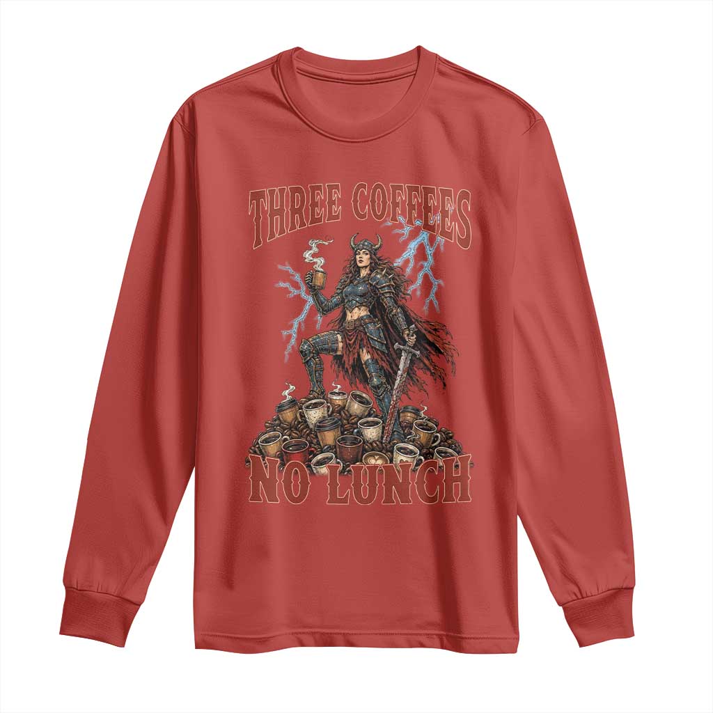 Funny Medieval Knight Worker Meme Long Sleeve Shirt Three Coffees No Lunch Valkyrie Coffee Lover TS12 Red Print Your Wear