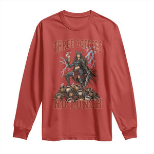Funny Medieval Knight Worker Meme Long Sleeve Shirt Three Coffees No Lunch Valkyrie Coffee Lover TS12 Red Print Your Wear