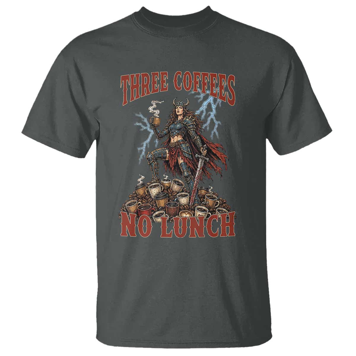 Funny Medieval Knight Worker Meme T Shirt Three Coffees No Lunch Valkyrie Coffee Lover TS12 Dark Heather Print Your Wear