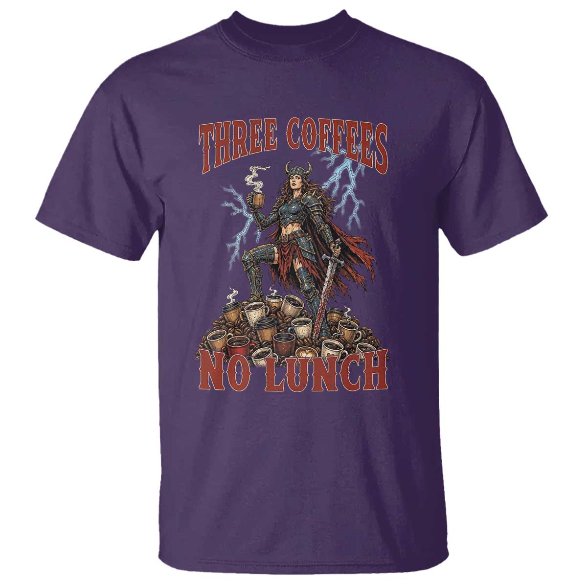 Funny Medieval Knight Worker Meme T Shirt Three Coffees No Lunch Valkyrie Coffee Lover TS12 Purple Print Your Wear