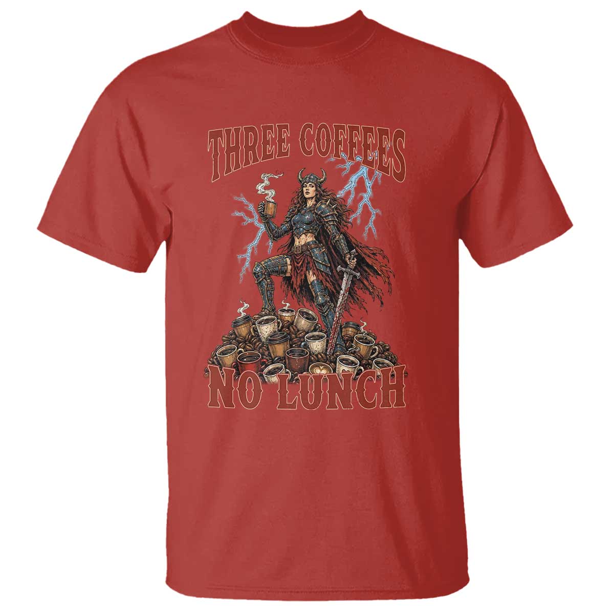 Funny Medieval Knight Worker Meme T Shirt Three Coffees No Lunch Valkyrie Coffee Lover TS12 Red Print Your Wear