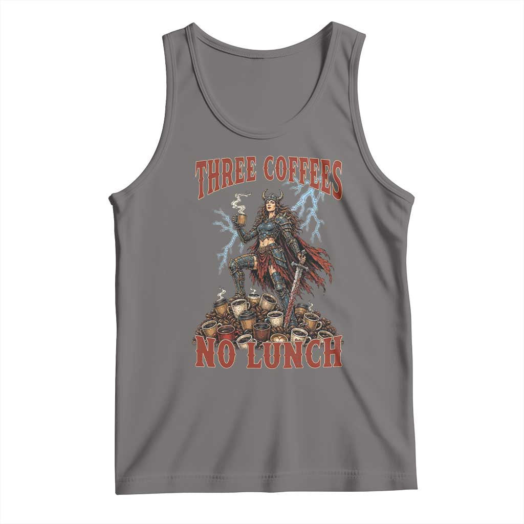 Funny Medieval Knight Worker Meme Tank Top Three Coffees No Lunch Valkyrie Coffee Lover TS12 Deep Heather Print Your Wear