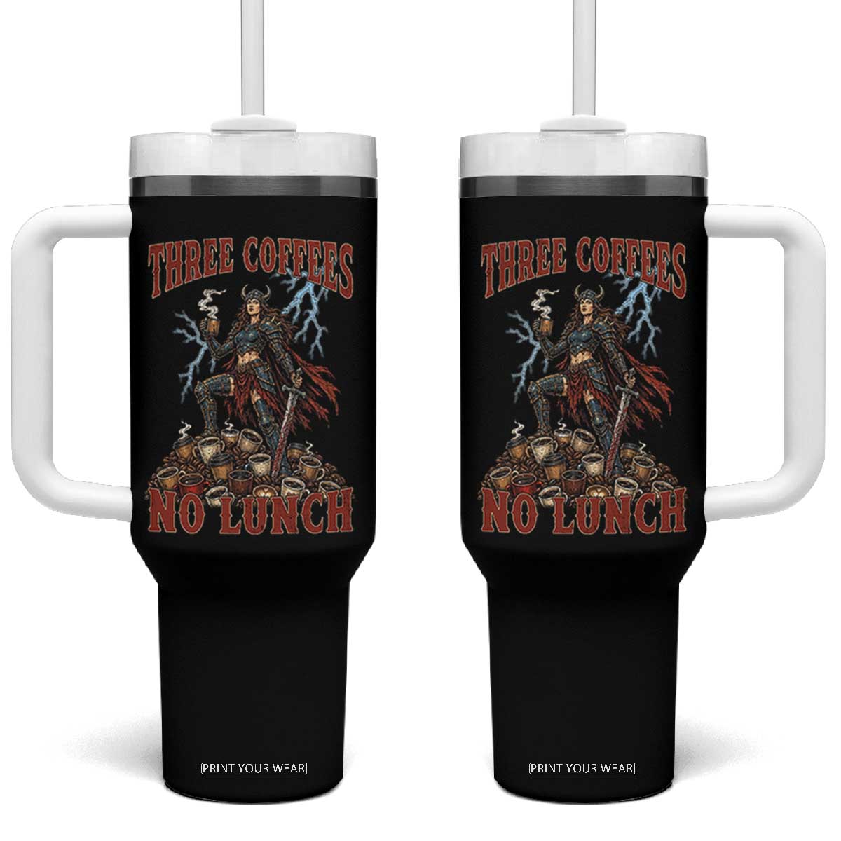 Funny Medieval Knight Worker Meme Tumbler With Handle Three Coffees No Lunch Valkyrie Coffee Lover TS12 One Size: 40 oz Black Print Your Wear