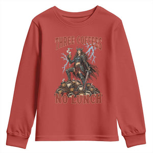 Funny Medieval Knight Worker Meme Youth Sweatshirt Three Coffees No Lunch Valkyrie Coffee Lover TS12 Red Print Your Wear