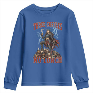 Funny Medieval Knight Worker Meme Youth Sweatshirt Three Coffees No Lunch Valkyrie Coffee Lover TS12 Royal Blue Print Your Wear