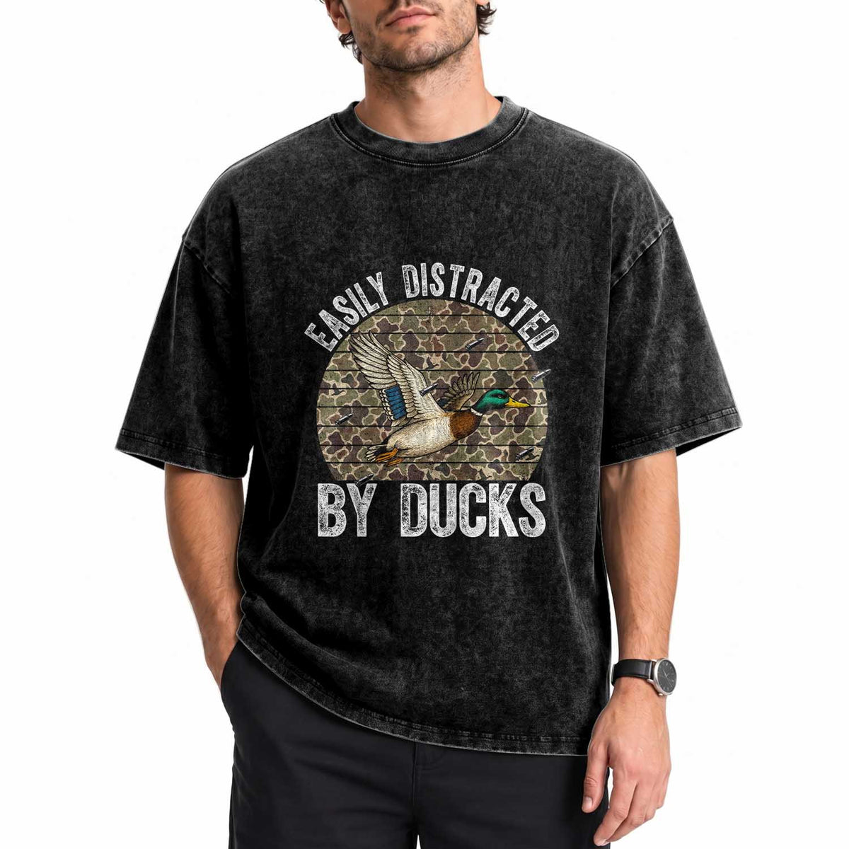 Duck Hunting Gift Washed Cotton T-Shirt Easily Distracted By Ducks