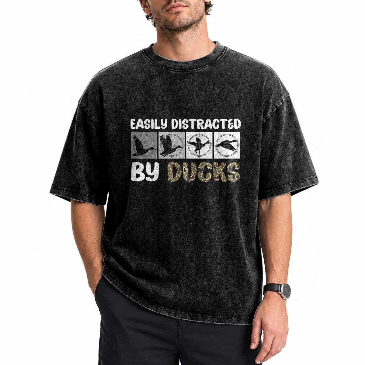 Funny Hunting Gift Washed Cotton T-Shirt Easily Distracted By Ducks Outdoor Lover