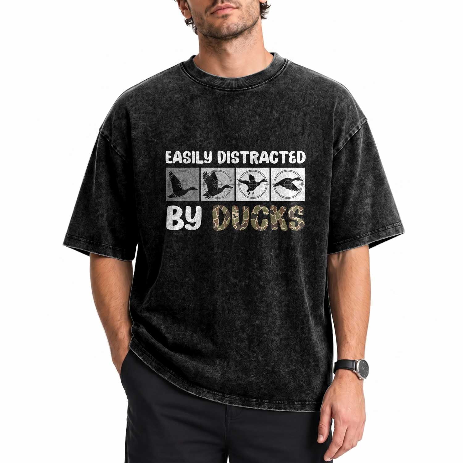 Funny Hunting Gift Washed Cotton T-Shirt Easily Distracted By Ducks Outdoor Lover