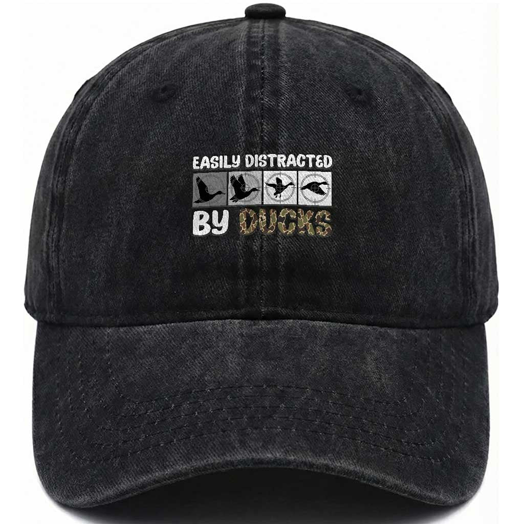 Funny Hunting Gift Washed Cotton Baseball Cap Easily Distracted By Ducks Outdoor Lover TS12 Washed Cap Universal Fit Black Print Your Wear