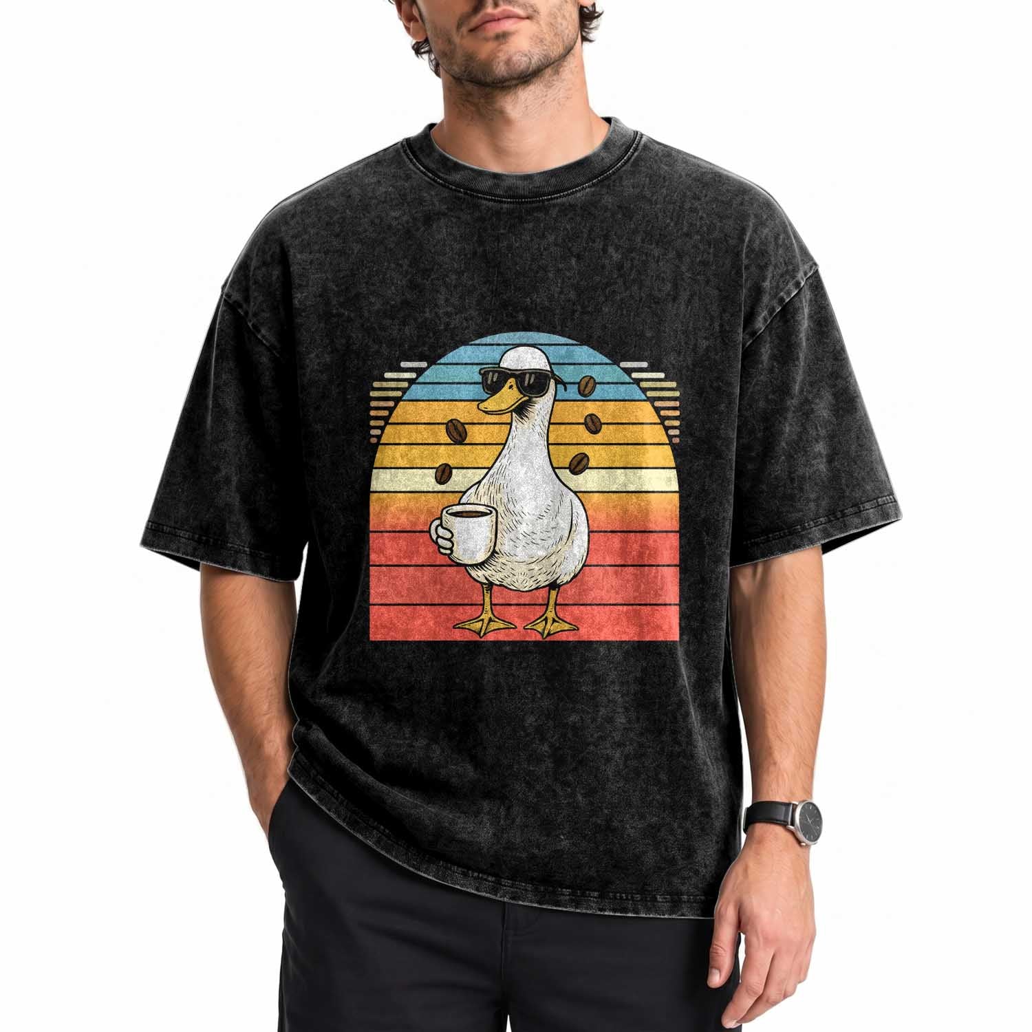 Funny Duck Drinking Washed Cotton T-Shirt Coffee Lover Gift