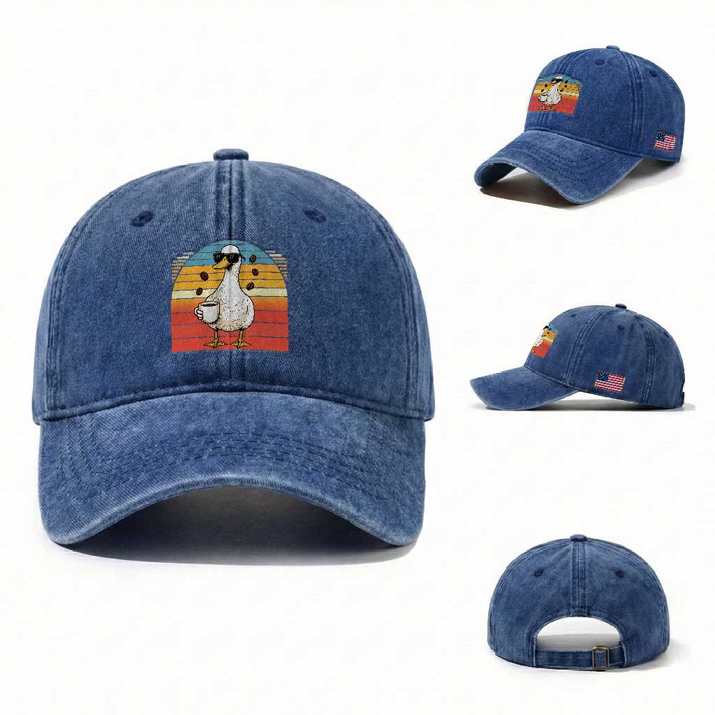 Funny Duck Drinking Washed Cotton Baseball Cap Coffee Lover Gift TS12 Washed Cap Universal Fit Royal Blue Print Your Wear