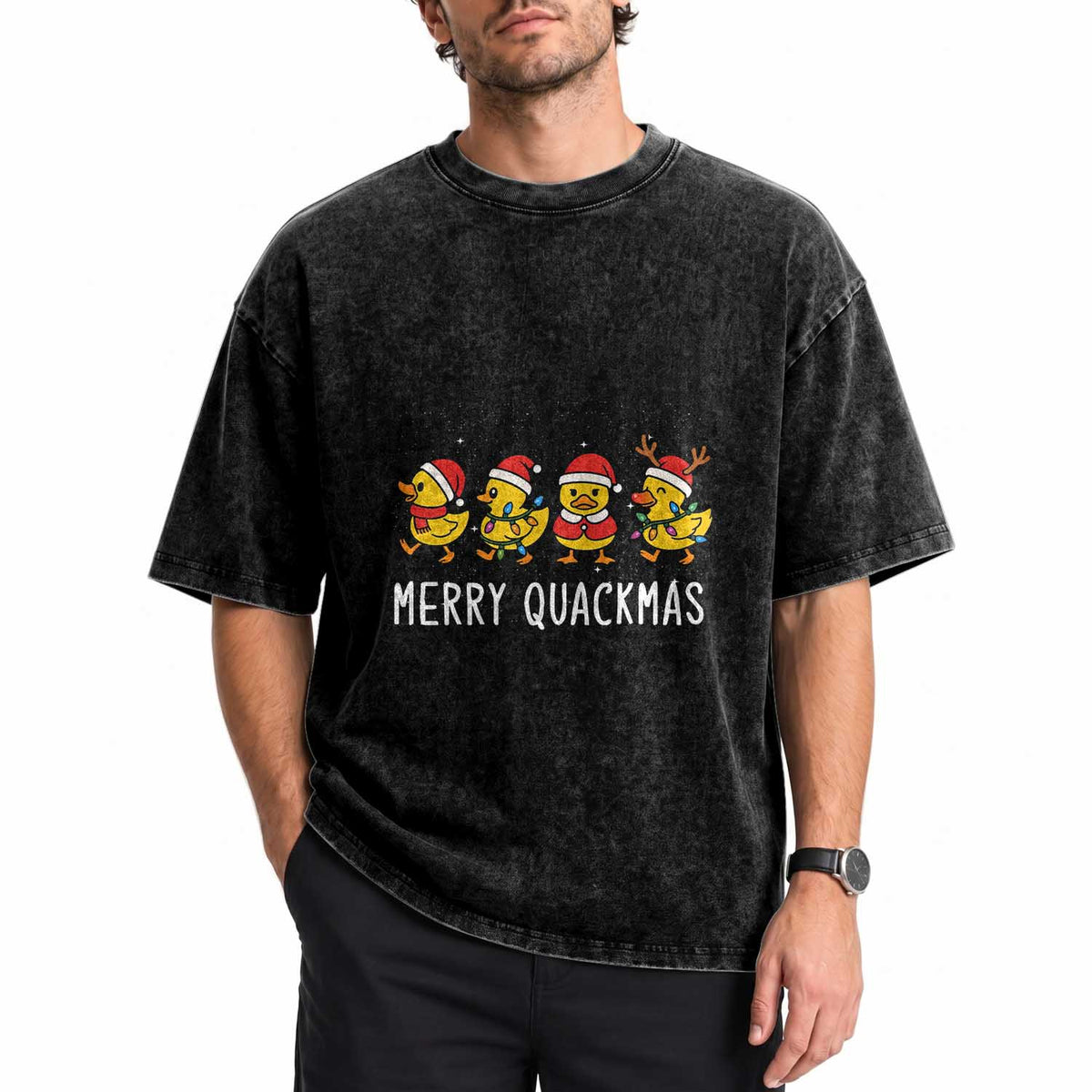 Funny Christmas Duck Washed Cotton T-Shirt Merry Quackmas Gift