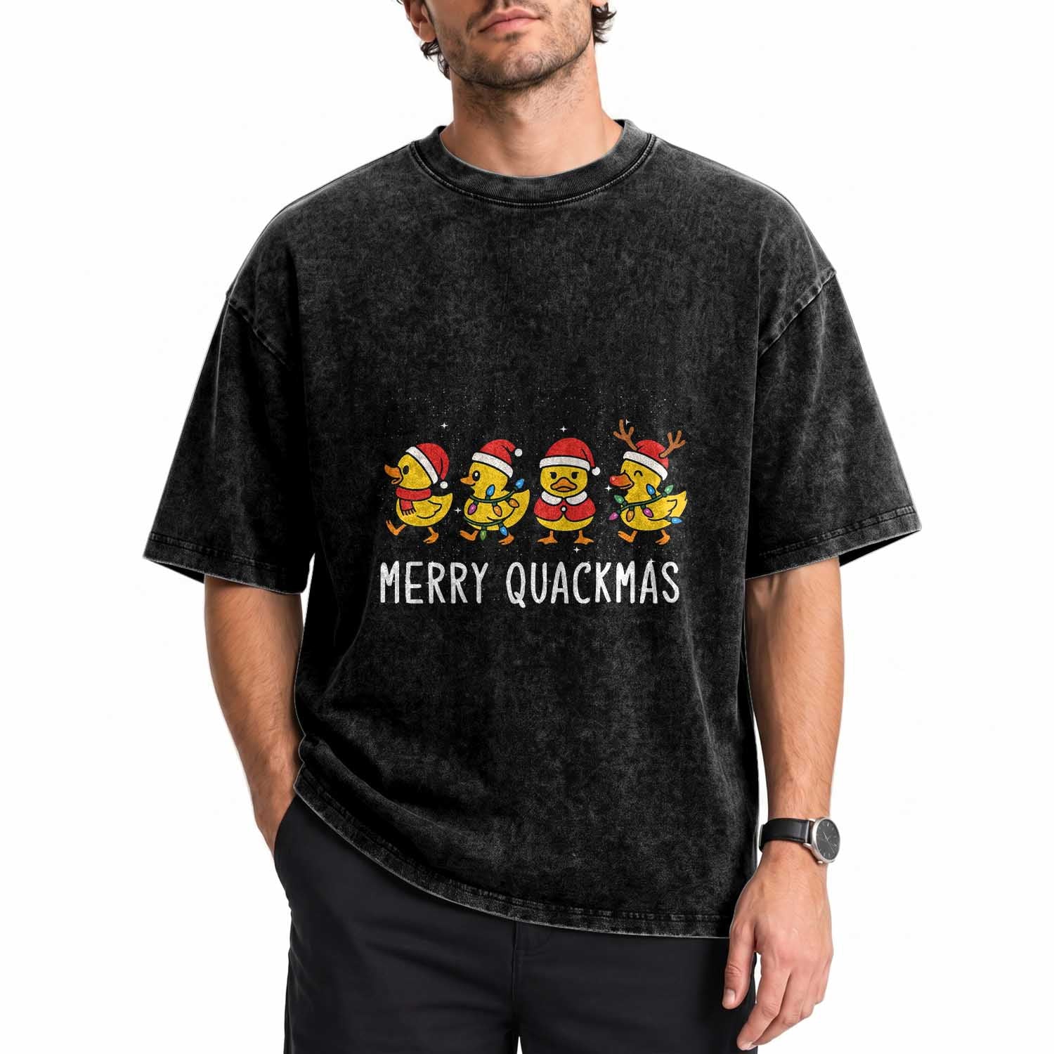 Funny Christmas Duck Washed Cotton T-Shirt Merry Quackmas Gift