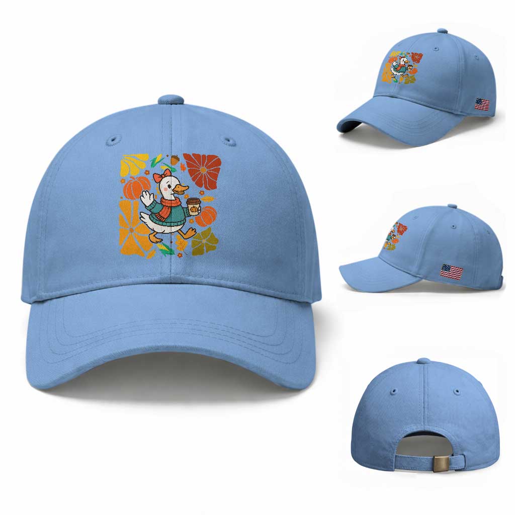 Thanksgiving Duck Lover Gift Baseball Cap Cute Duck Drinking Coffee TS12 Baseball Cap Universal Fit Light Blue Print Your Wear