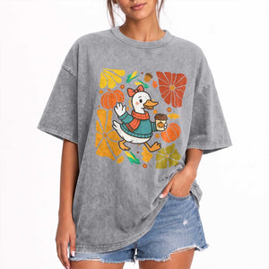 Thanksgiving Duck Lover Gift Washed Cotton T-Shirt Cute Duck Drinking Coffee