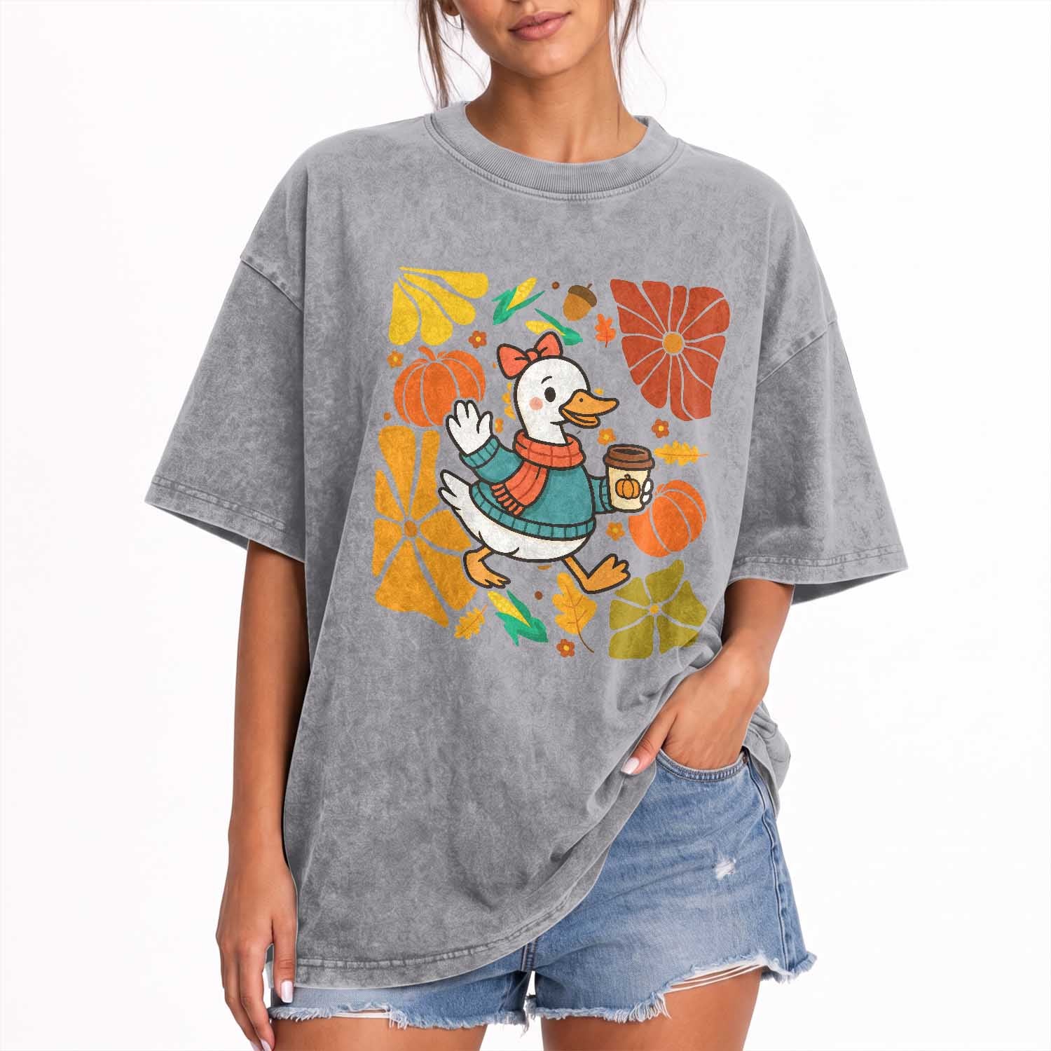 Thanksgiving Duck Lover Gift Washed Cotton T-Shirt Cute Duck Drinking Coffee