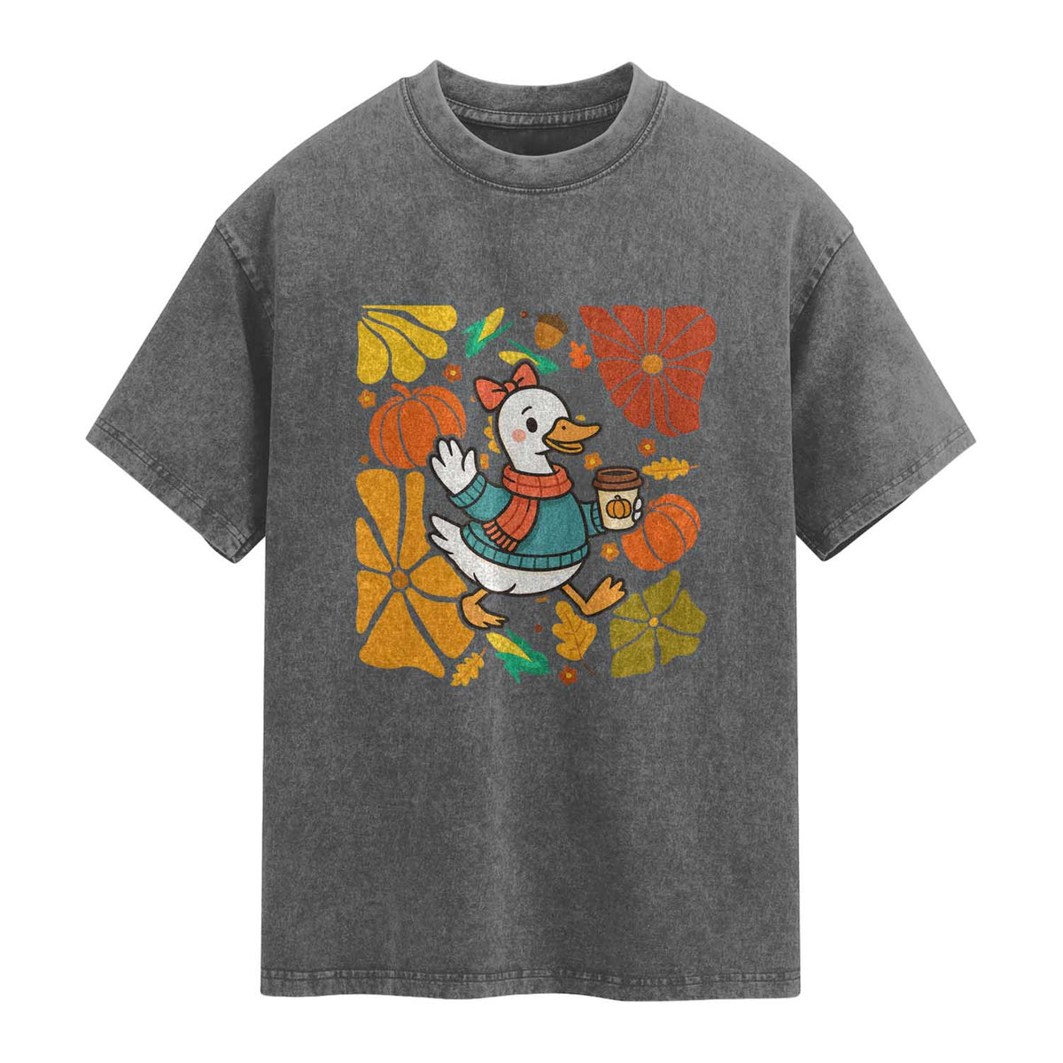Thanksgiving Duck Lover Gift Washed Cotton T-Shirt Cute Duck Drinking Coffee
