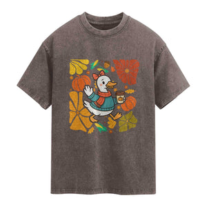 Thanksgiving Duck Lover Gift Washed Cotton T-Shirt Cute Duck Drinking Coffee