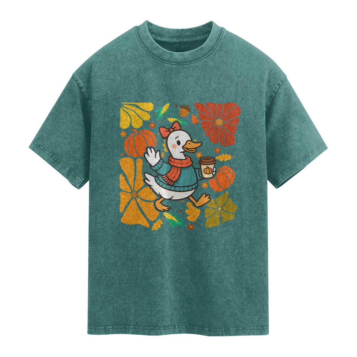 Thanksgiving Duck Lover Gift Washed Cotton T-Shirt Cute Duck Drinking Coffee
