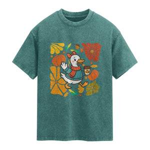 Thanksgiving Duck Lover Gift Washed Cotton T-Shirt Cute Duck Drinking Coffee