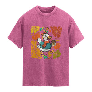 Thanksgiving Duck Lover Gift Washed Cotton T-Shirt Cute Duck Drinking Coffee