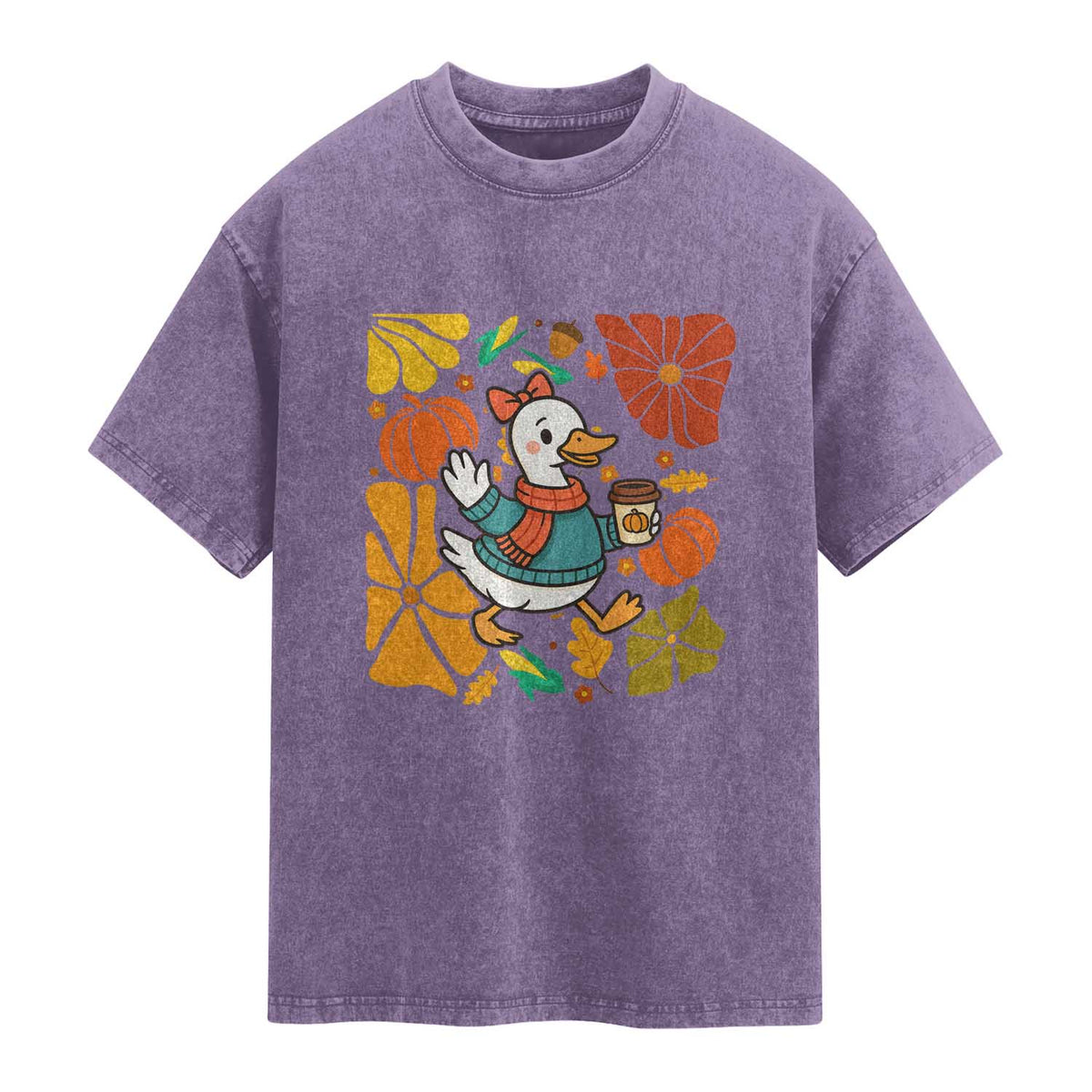 Thanksgiving Duck Lover Gift Washed Cotton T-Shirt Cute Duck Drinking Coffee