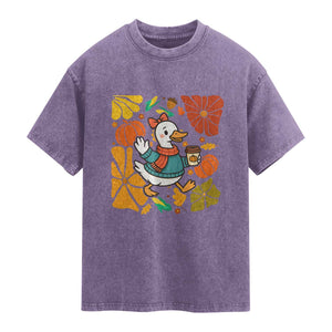 Thanksgiving Duck Lover Gift Washed Cotton T-Shirt Cute Duck Drinking Coffee
