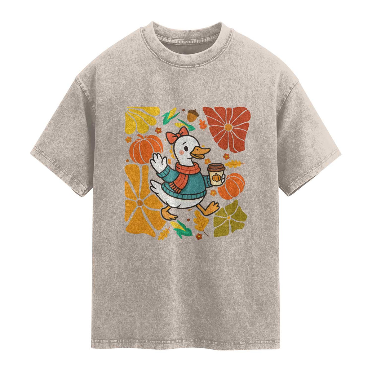 Thanksgiving Duck Lover Gift Washed Cotton T-Shirt Cute Duck Drinking Coffee
