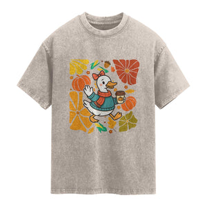 Thanksgiving Duck Lover Gift Washed Cotton T-Shirt Cute Duck Drinking Coffee