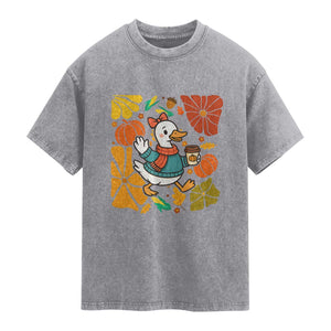 Thanksgiving Duck Lover Gift Washed Cotton T-Shirt Cute Duck Drinking Coffee