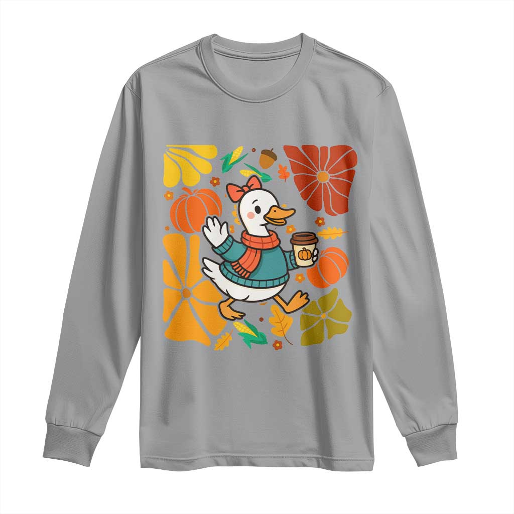 Thanksgiving Duck Lover Gift Long Sleeve Shirt Cute Duck Drinking Coffee TS12 Sport Gray Print Your Wear