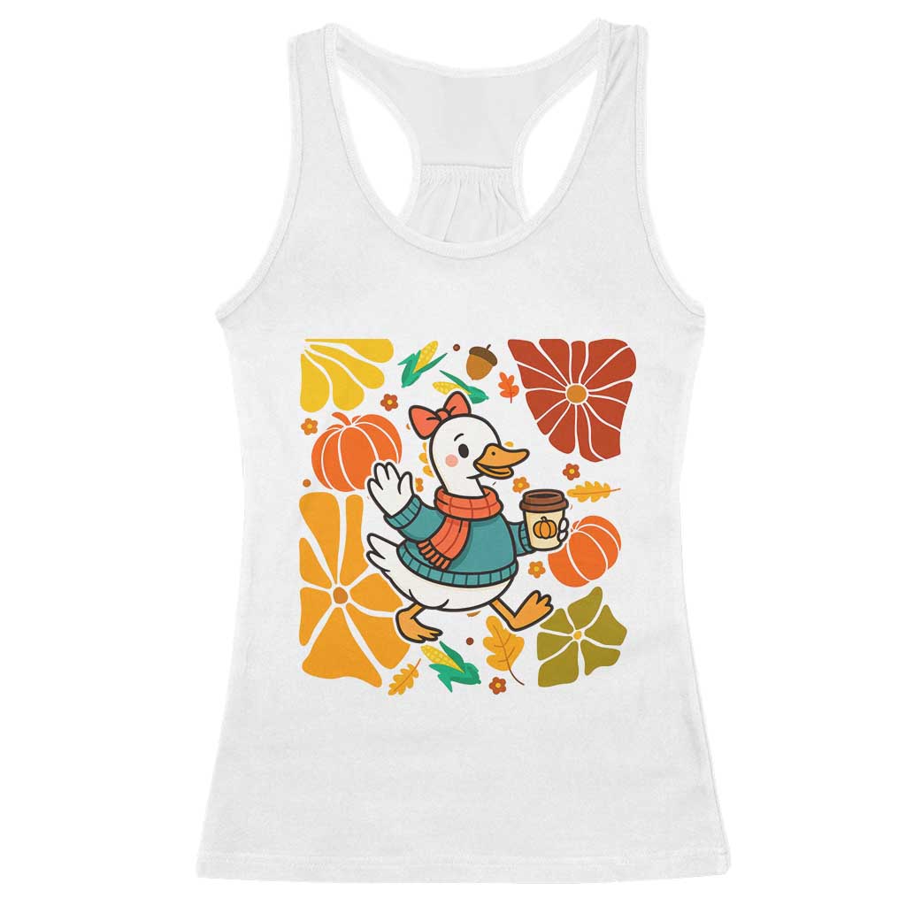 Thanksgiving Duck Lover Gift Racerback Tank Top Cute Duck Drinking Coffee TS12 White Print Your Wear