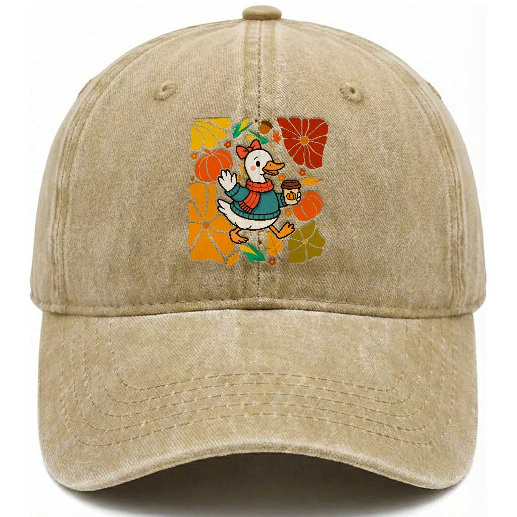 Thanksgiving Duck Lover Gift Washed Cotton Baseball Cap Cute Duck Drinking Coffee TS12 Print Your Wear