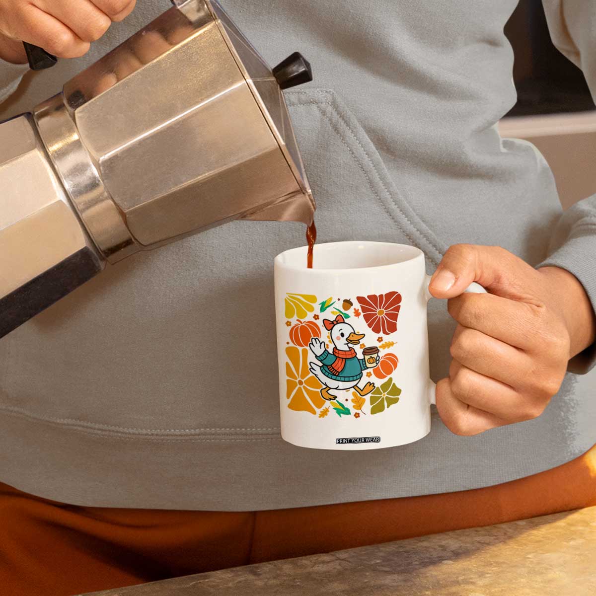 Thanksgiving Duck Lover Gift Coffee Mug Cute Duck Drinking Coffee TS12 Print Your Wear