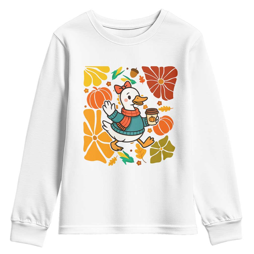 Thanksgiving Duck Lover Gift Youth Sweatshirt Cute Duck Drinking Coffee TS12 White Print Your Wear