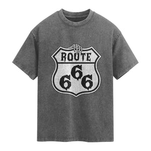 Spooky Halloween Route Highway 666 Washed Cotton T-Shirt Dark Haunted Road Adventure