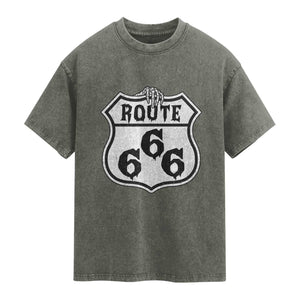 Spooky Halloween Route Highway 666 Washed Cotton T-Shirt Dark Haunted Road Adventure