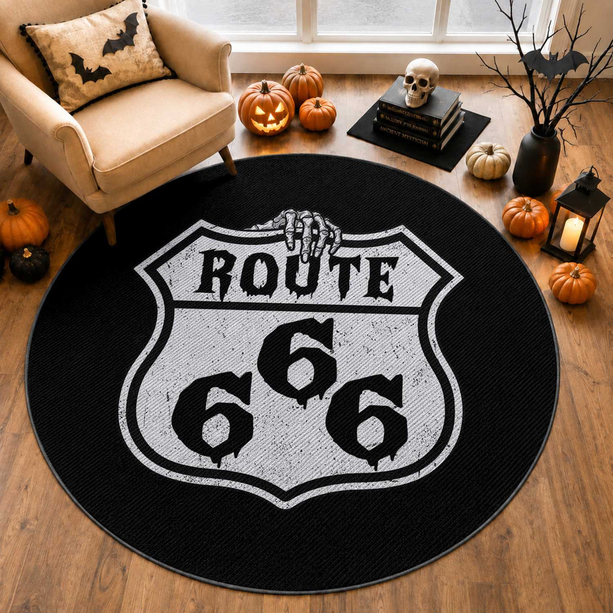 Spooky Halloween Route Highway 666 Round Rug Dark Haunted Road Adventure