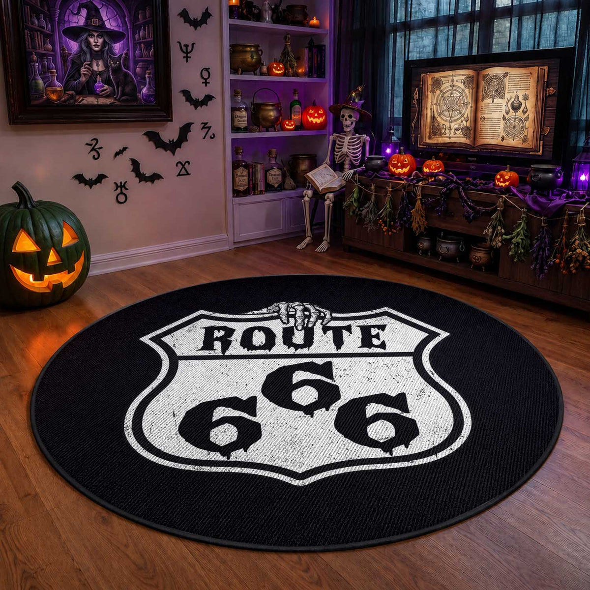Spooky Halloween Route Highway 666 Round Rug Dark Haunted Road Adventure