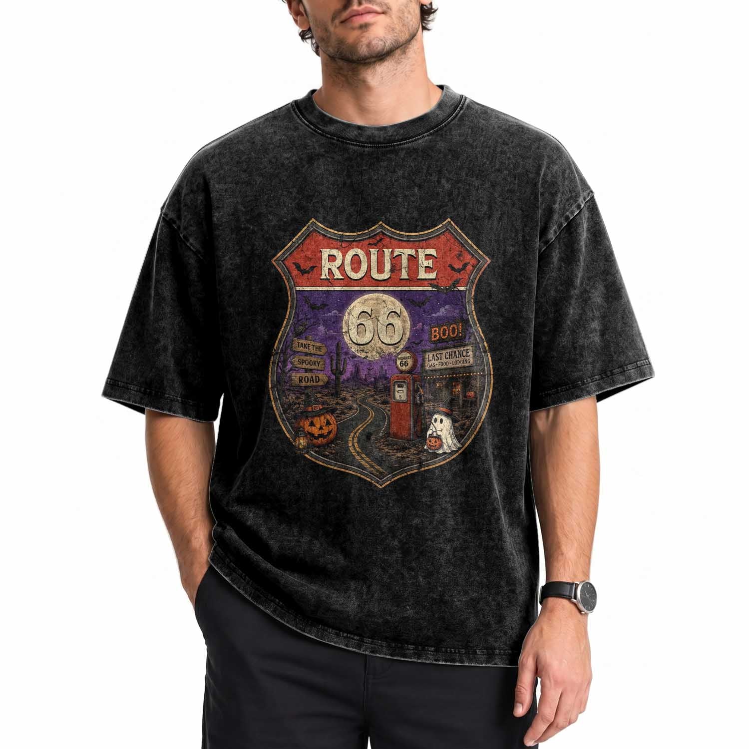 Halloween Route Highway 66 Washed Cotton T-Shirt Spooky Mother Road Travel