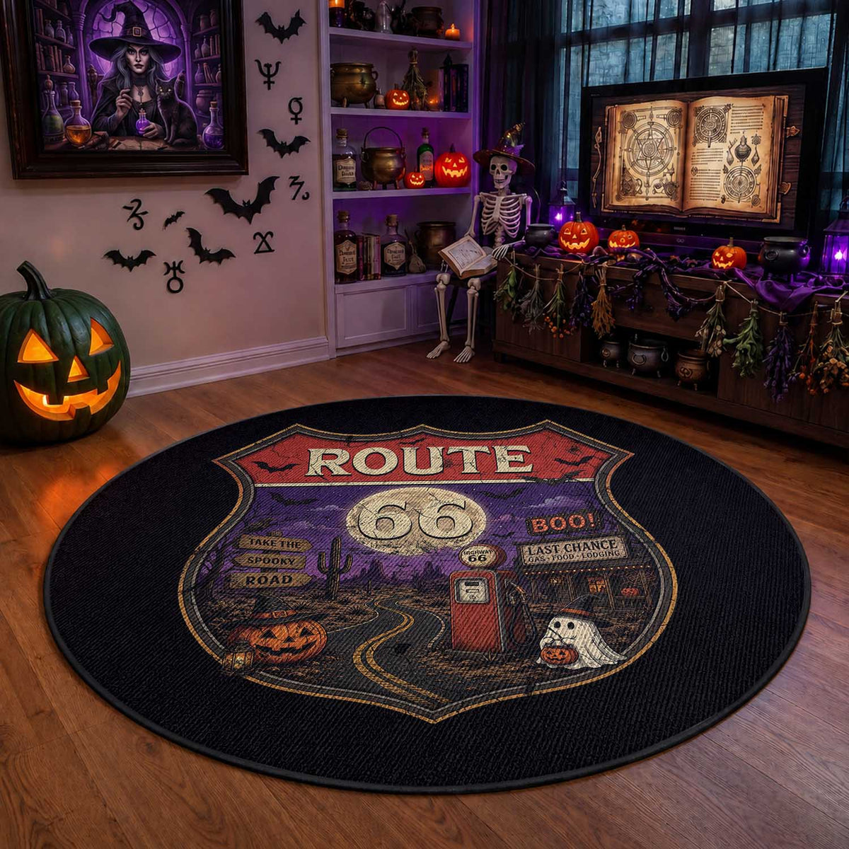 Halloween Route Highway 66 Round Rug Spooky Mother Road Travel