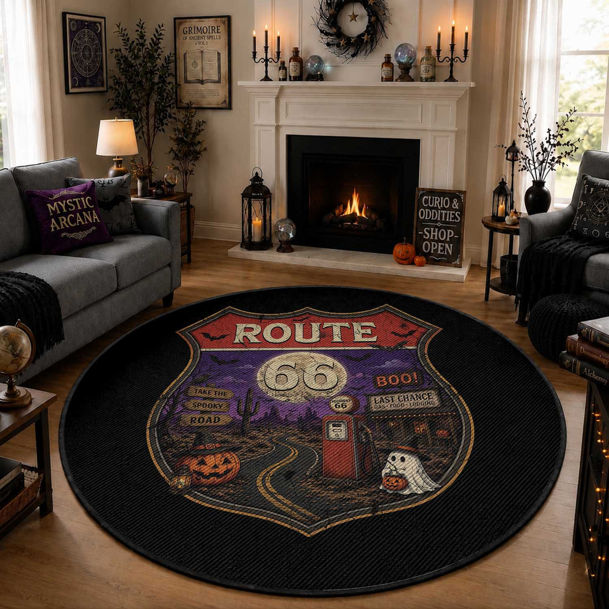 Halloween Route Highway 66 Round Rug Spooky Mother Road Travel